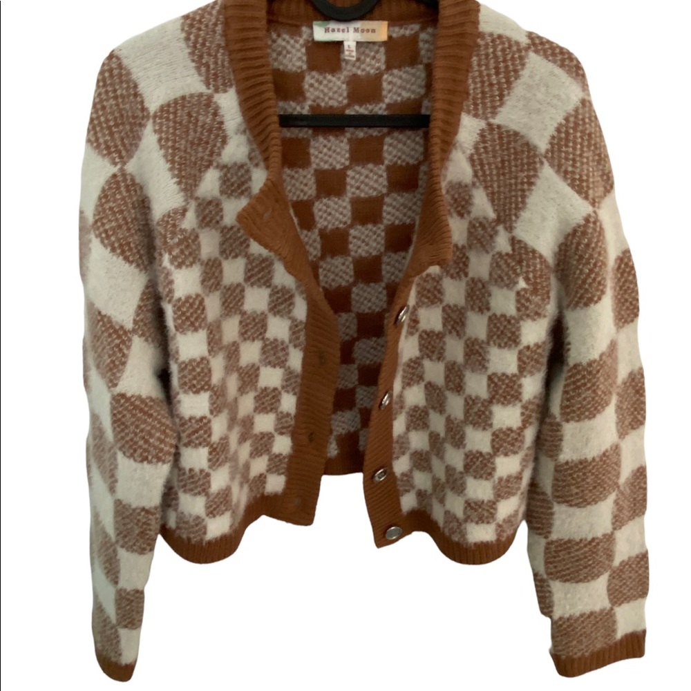 Brown and Cream Checkered Women's Cardigan